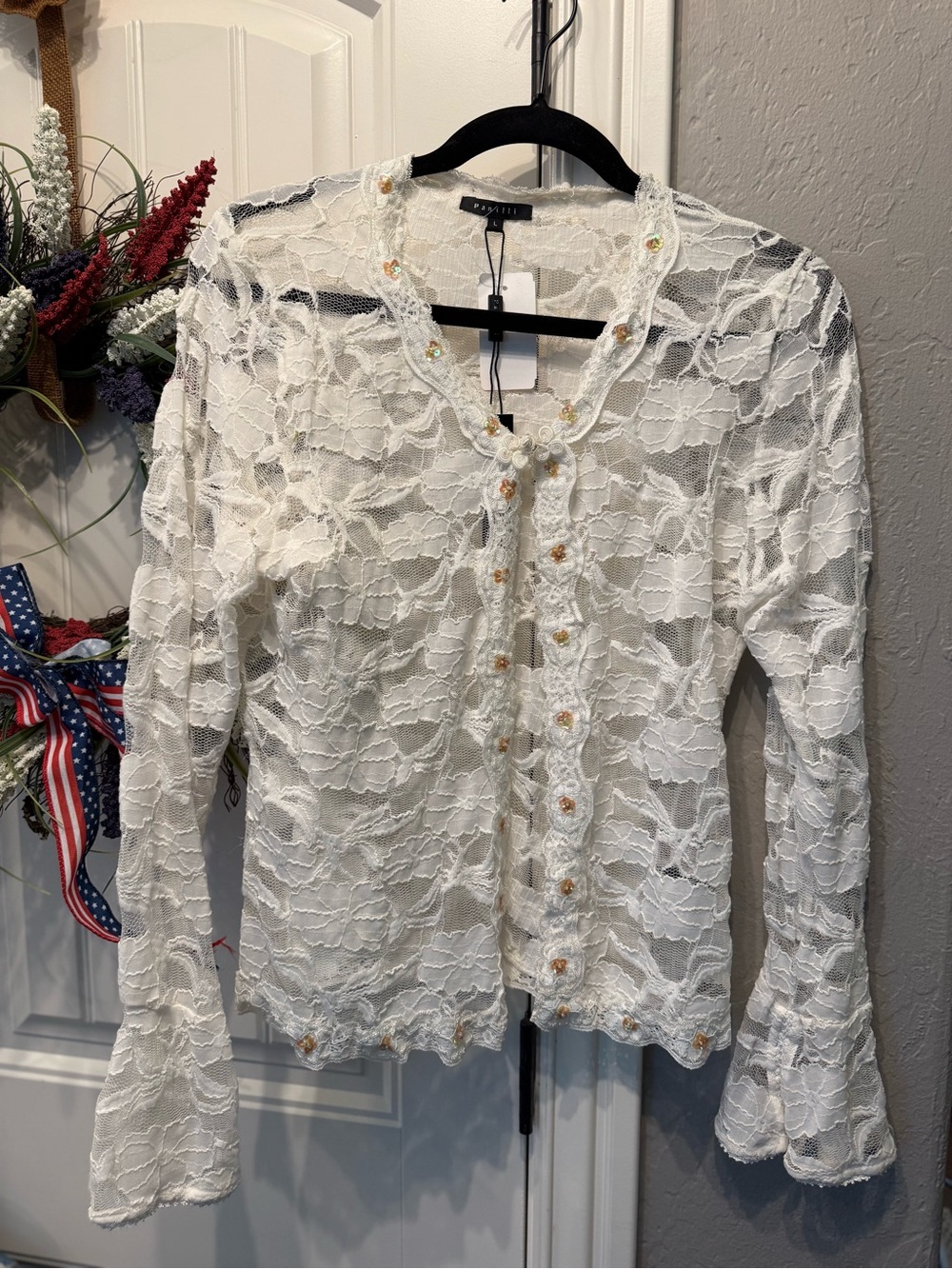 White Lace One-Button-Front Blouse with Floral Trim